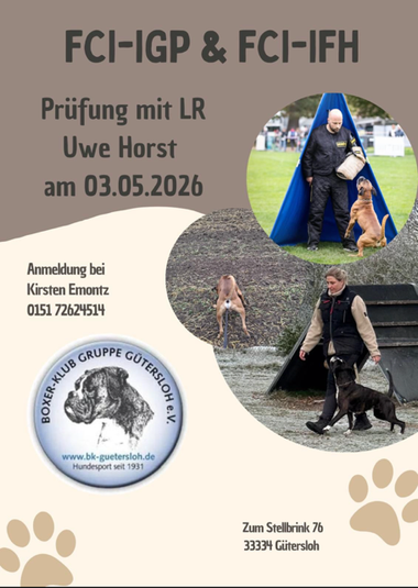 Frühjahrsprüfung am 3. Mai 2026 mit LR Uwe Horst -  es werden alles Prüfungsstufen geführt - Bitte bei der Ausbildungswartin Kirsten Emontz mit dem Formular anmelden .