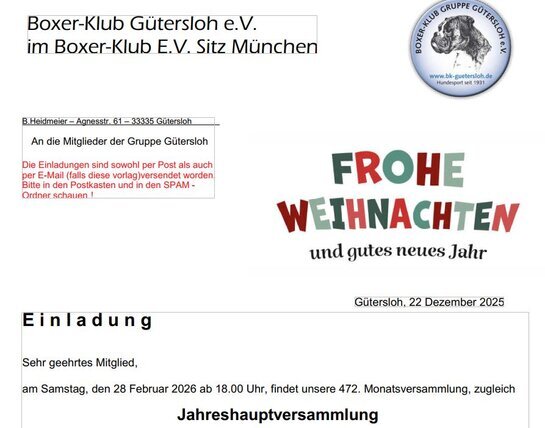 Jahreshauptversammlung 2025 am 28. Februar 2026 - alle Einladungen wurden fristgerecht vom 17. - 22. Dezember 2025 versendet.