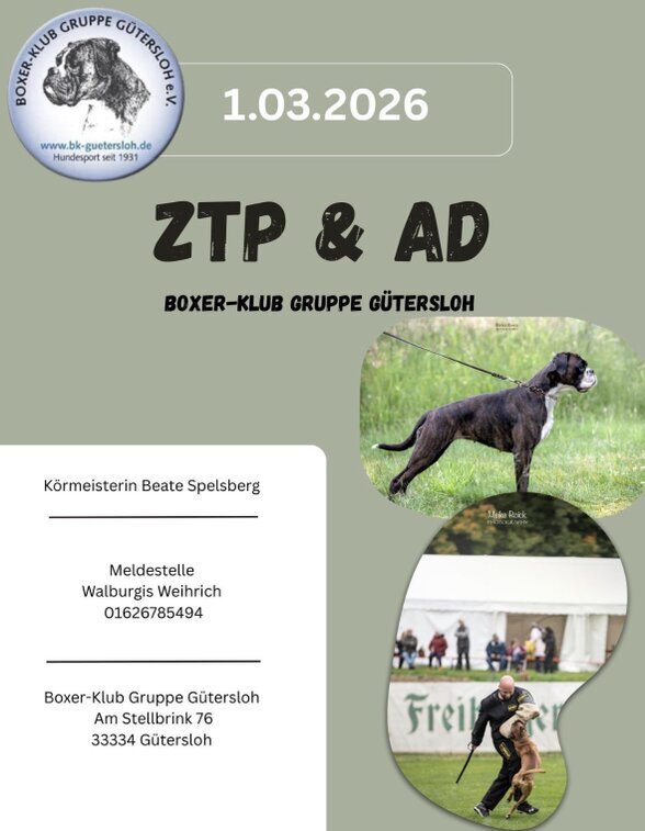 1. März 2026 ZTP + AD Prüfung in der Gruppe Gütersloh - Wir freuen uns auf Eure Meldungen und viele Boxer- und Hundesportliche Menschen. 1. März 2026 ZTP + AD Prüfung in der Gruppe Gütersloh - Wir freuen uns auf Eure Meldungen und viele Boxer- und Hundesportliche Menschen.